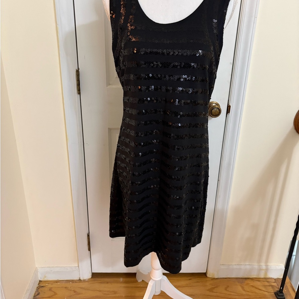 Garnet Hill Black Sequin Stripe Sleeveless Dress
